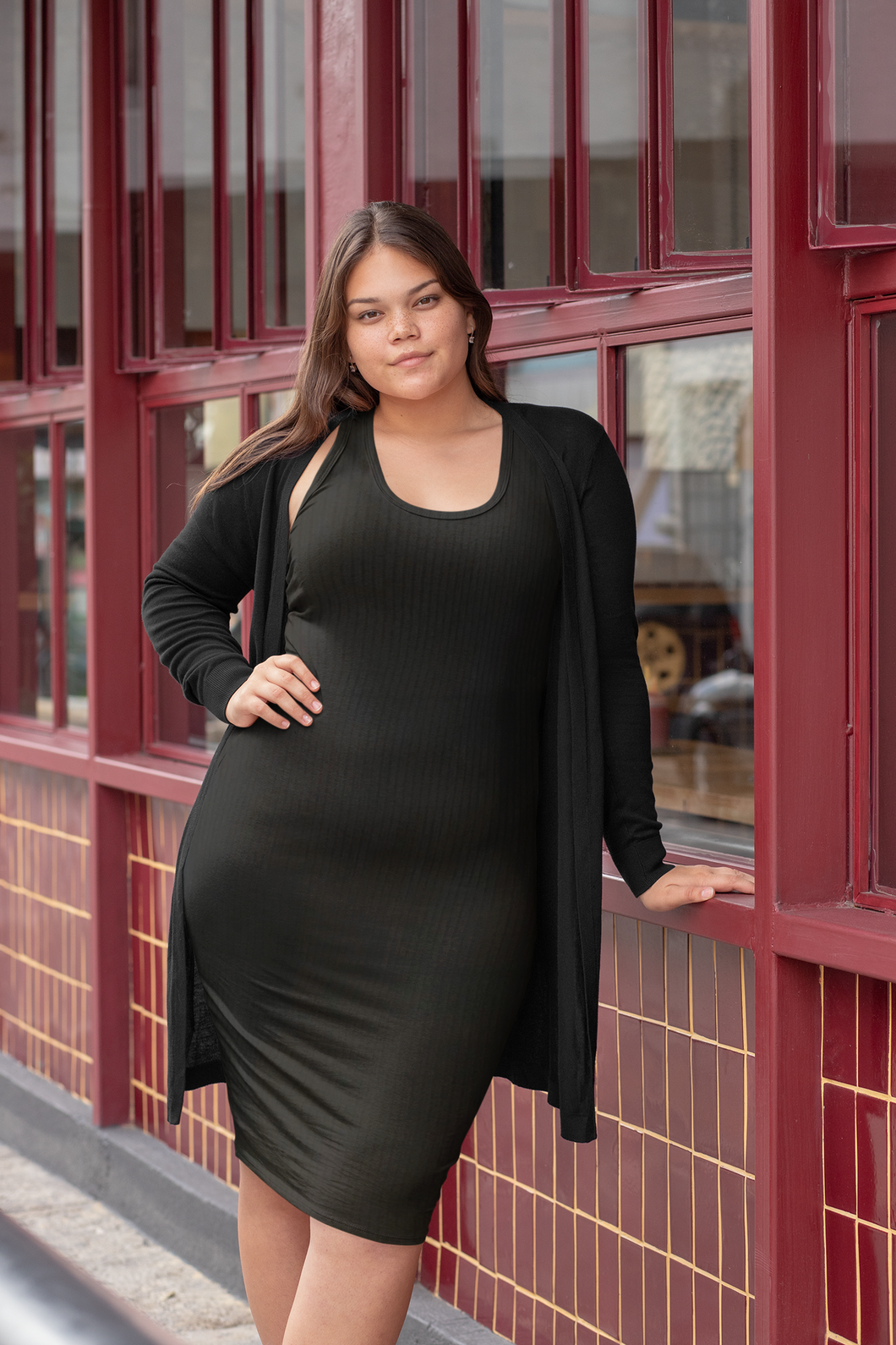 Tunic Ribbed Knit Dress - Black